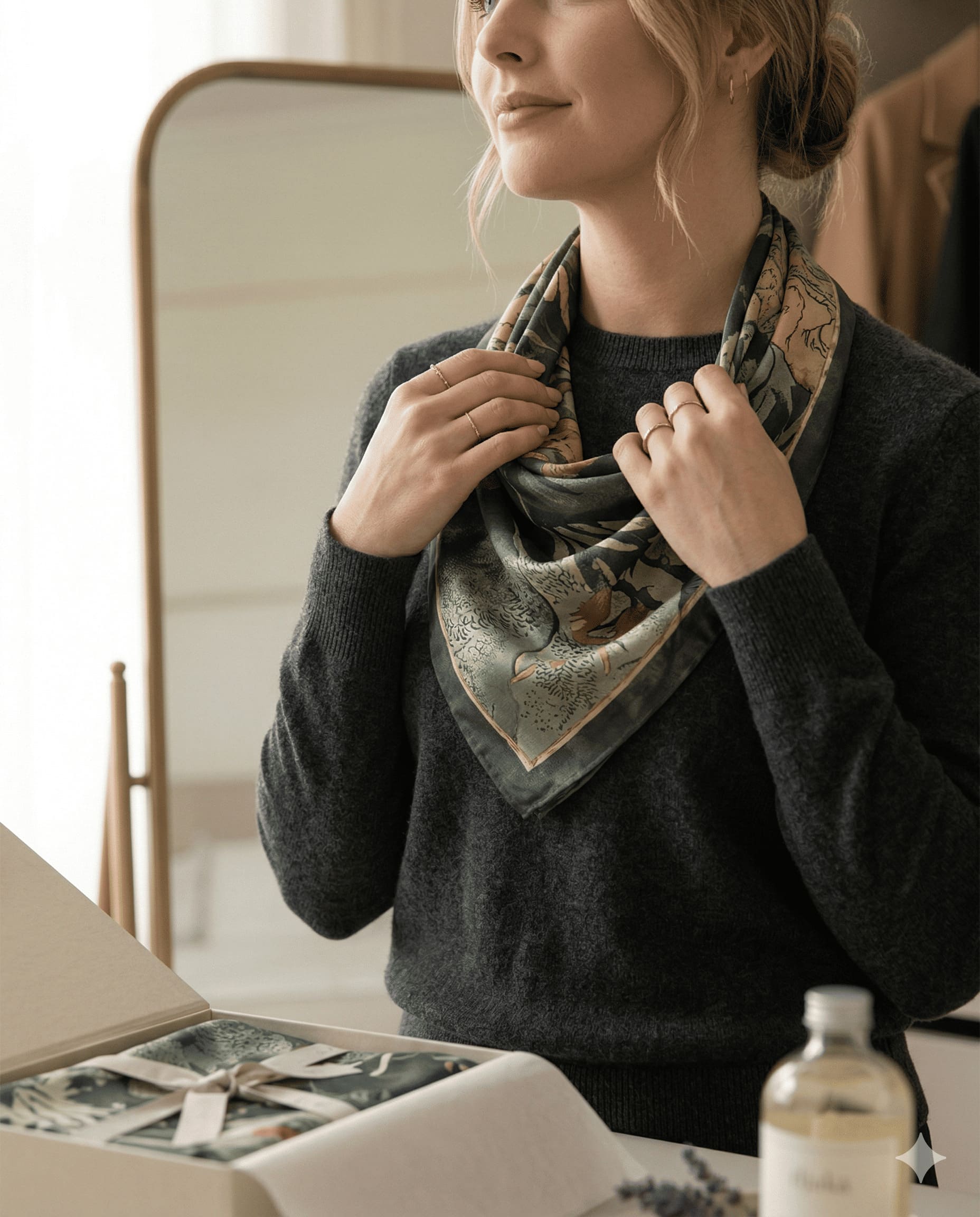 Artisan hand-rolling the edge of a finished Djala silk scarf